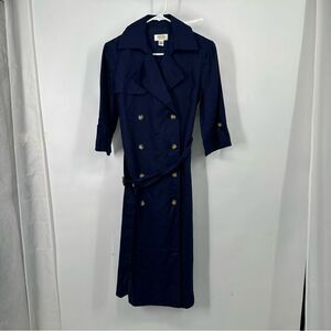 Talbots Petites Size 4 Navy Blue Linen Button Front Belted S/S Shirt Dress